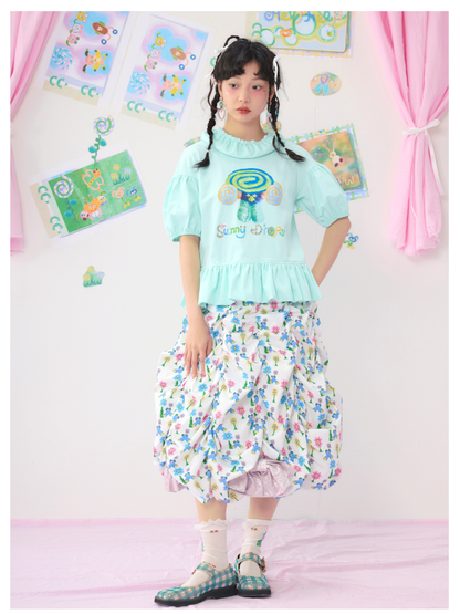 Bubble Sleeve Short Colourful Printed T-Shirt