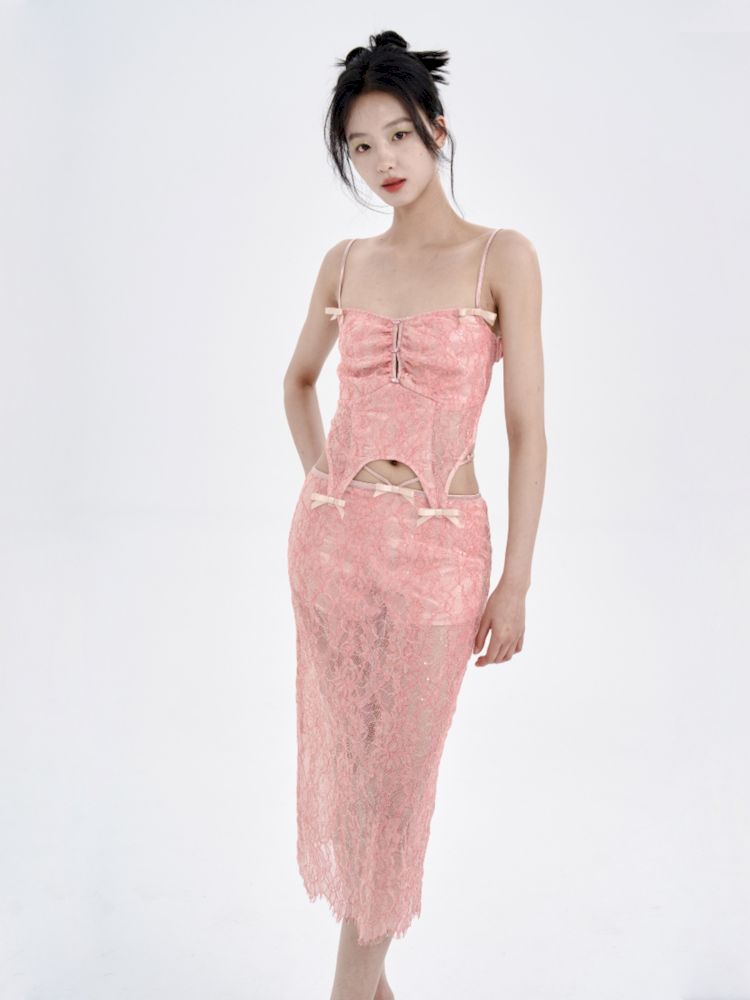 Peach Lace Camisole + Low Waist Lace Half Skirt Set