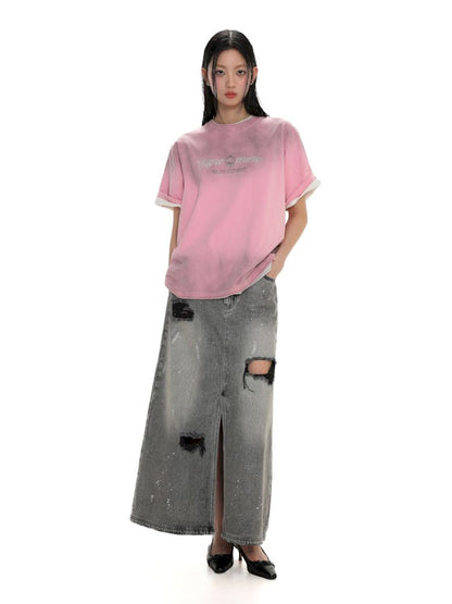 Multiple holes denim long skirt