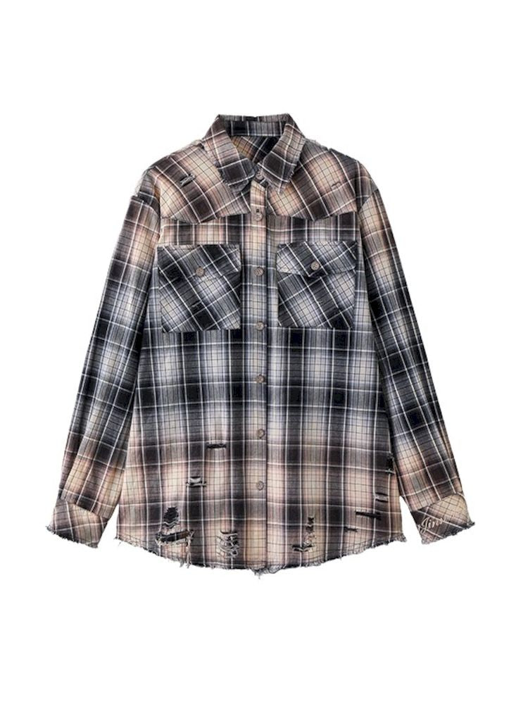 Washed do old plaid long-sleeved shirt