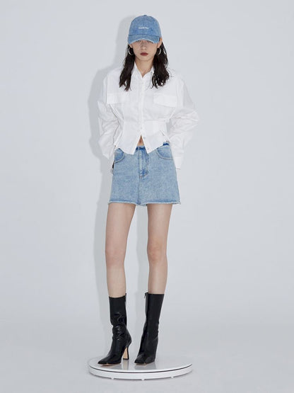 Pinch pleated broken holes Raw edge denim skirt