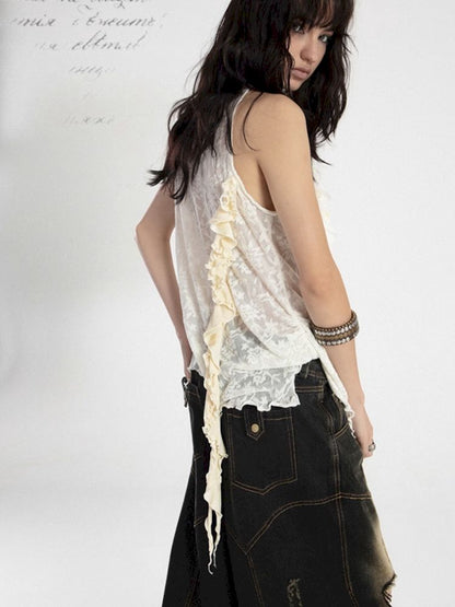 Spliced Ruffle Lace Dark Jacquard Camisole Tank Top