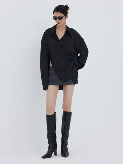 Asymmetric Hem Pleated Loose Pointed Collar Shirt