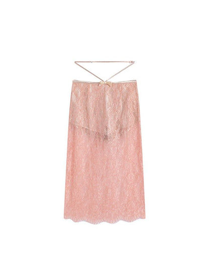 Peach Lace Camisole + Low Waist Lace Half Skirt Set