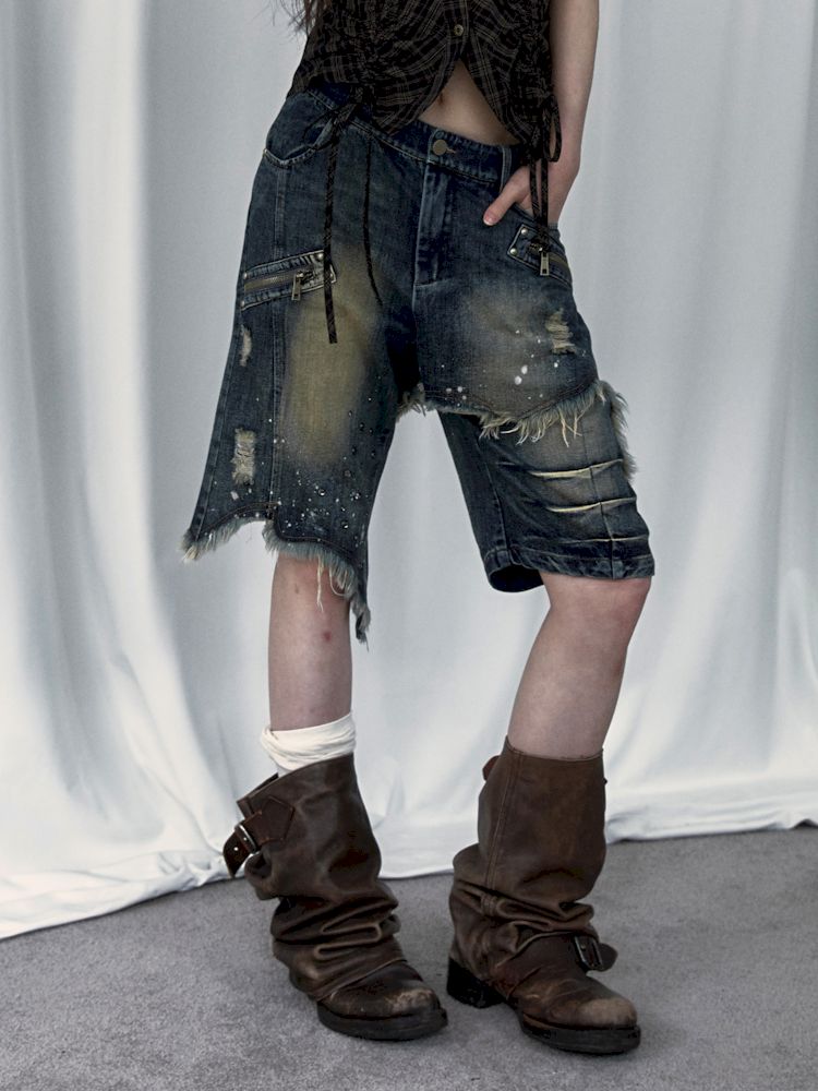 Punk street washed and worn wide-leg jeans