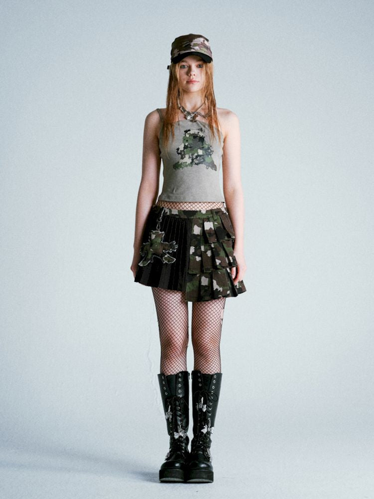 Patchwork Camouflage Pleated Skirt