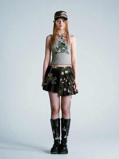 Patchwork Camouflage Pleated Skirt