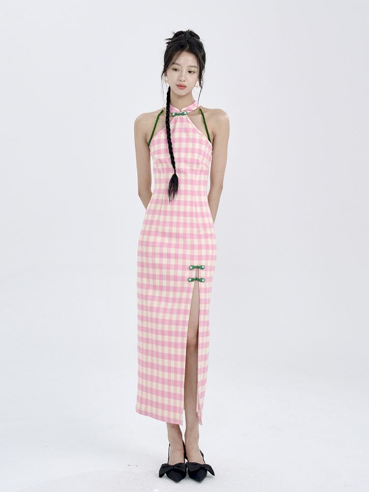 Pink Check Slim Long Cheongsam Dress