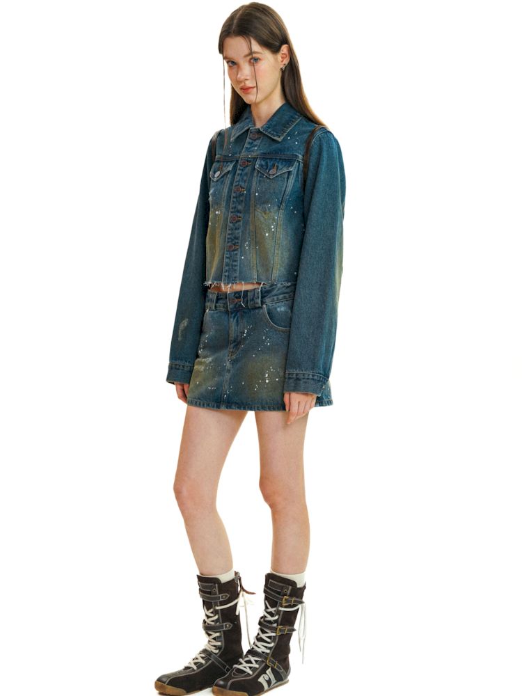 Heavy industry splash ink spray denim short skirt