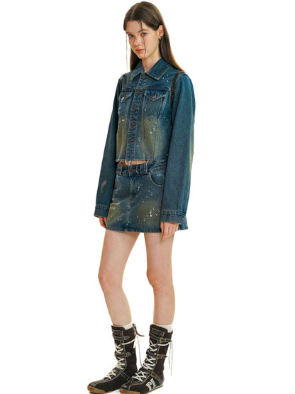 Heavy industry splash ink spray denim short skirt