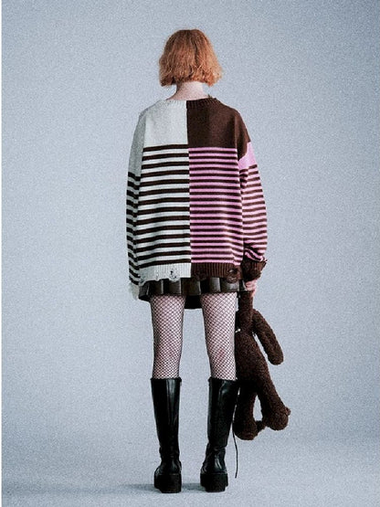 Color-Crossing Stripe Hole Breaking Knit Sweater