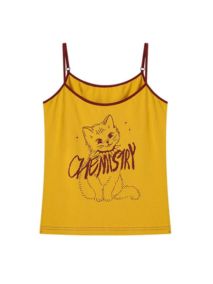 Round Neck Vintage Kitten Print Camisole