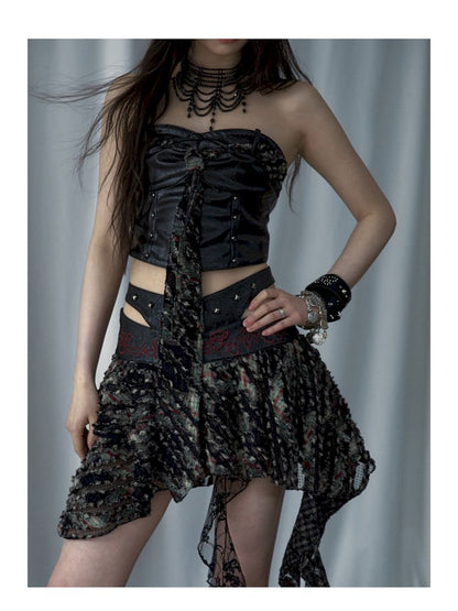 Embroidered Halter Skirt Leather Smocked Top