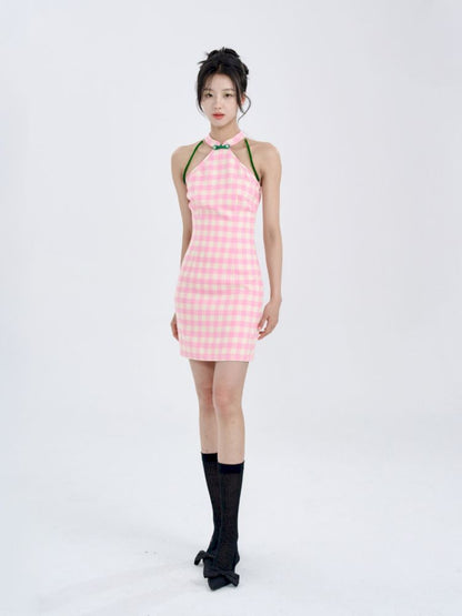 Pink Check Slim Short Dress