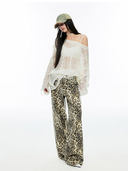 Leopard Print Canvas Wide Leg Pants