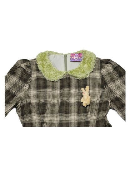 Bunny Doll Green Brown Plaid Petal Dress