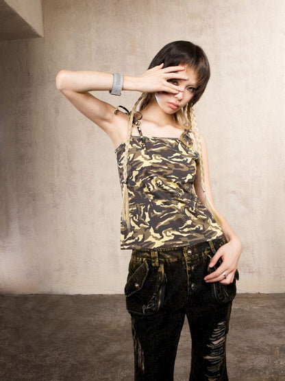 Rhinestone Camouflage Asymmetric Vest