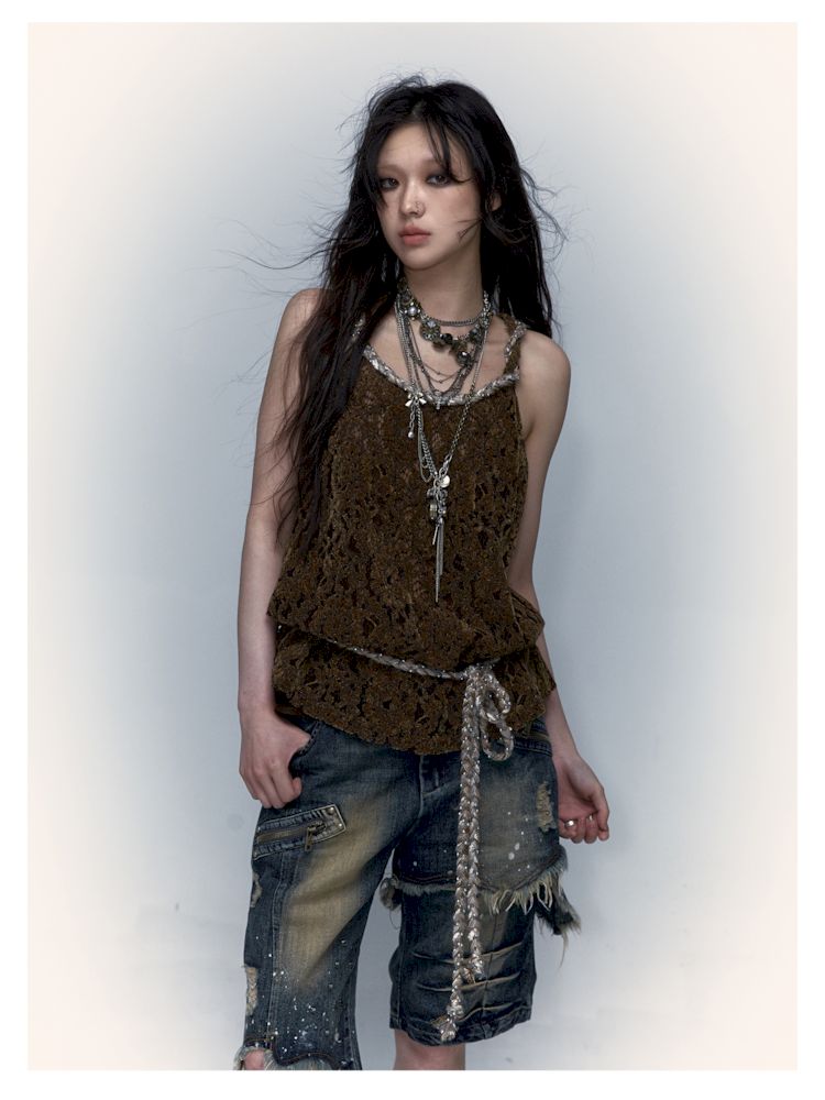 Slouchy Old Hollowed Out Loose Flocked Lace Vest