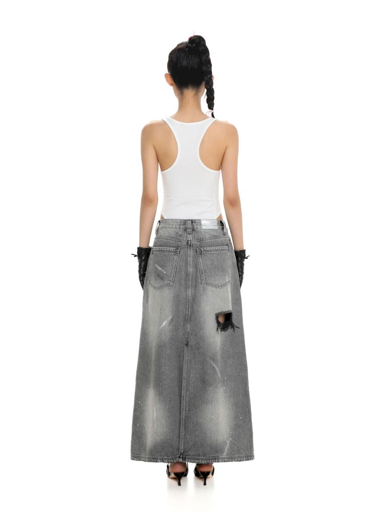 Multiple holes denim long skirt