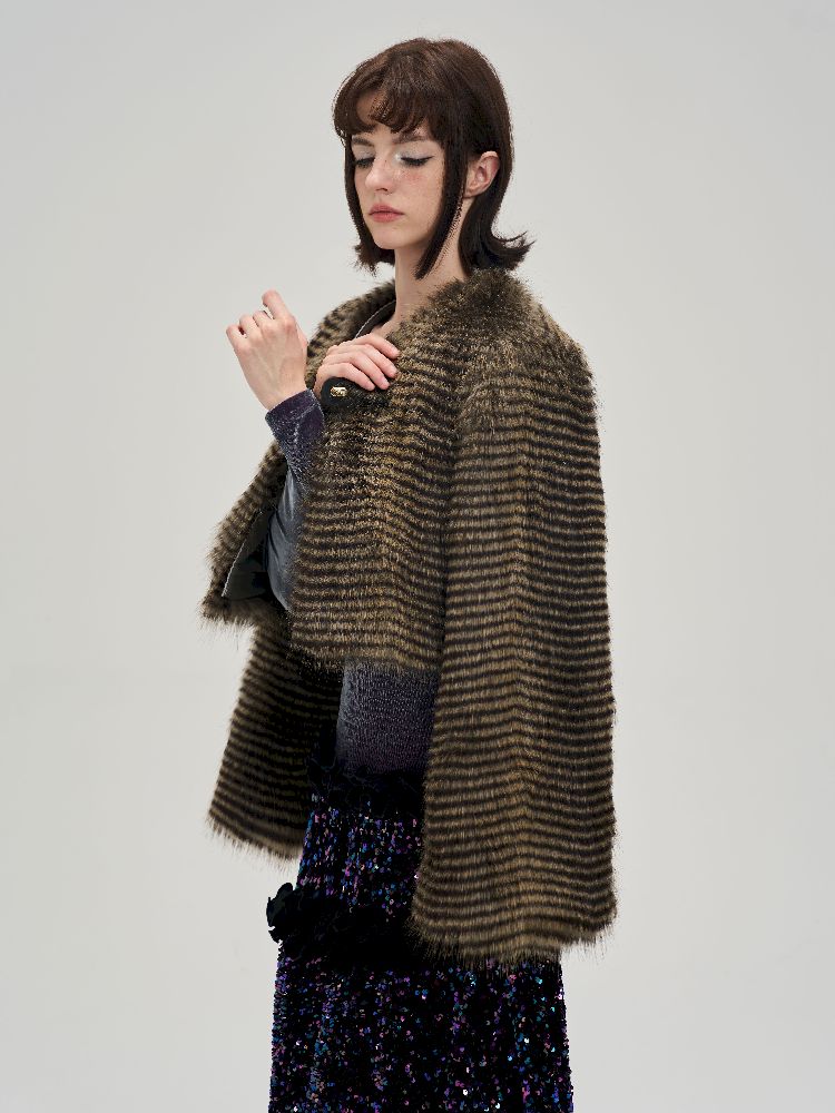 Flared Sleeve Eco Fur Short Jacket