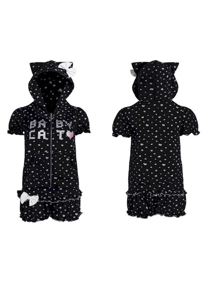 Bubble Sleeve Polka Dot Black White Purple Babycat Set