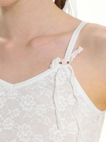 Romantic Crochet Lace Bow Flower Camisole