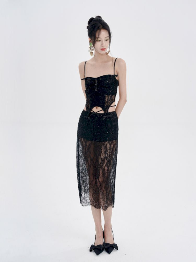 Black Lace Camisole + Low Waist Lace Half Skirt Set