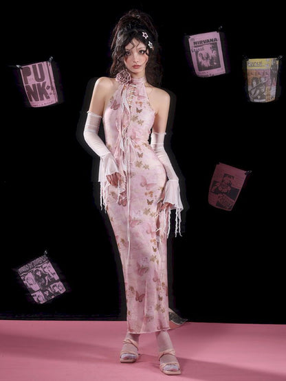 Butterfly Print Slit Tie Long Pink Cheongsam Dress