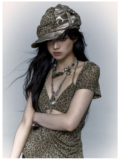 Punk Leopard Print Splicing Rivets Beret