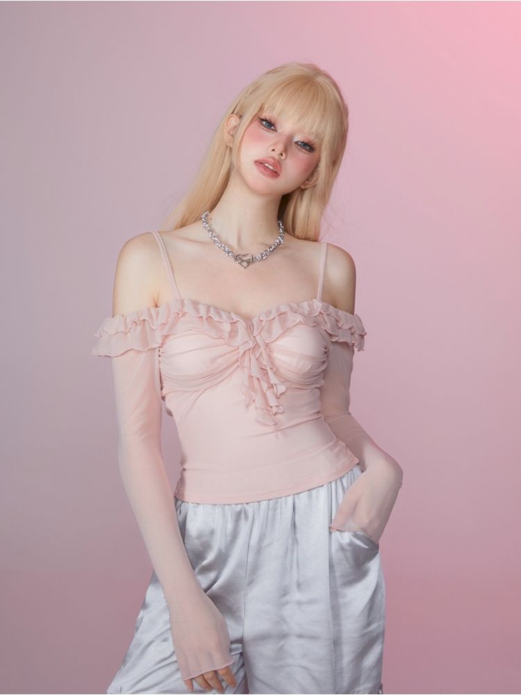 Pink Mesh Strapless Long Sleeve Ruffle Top