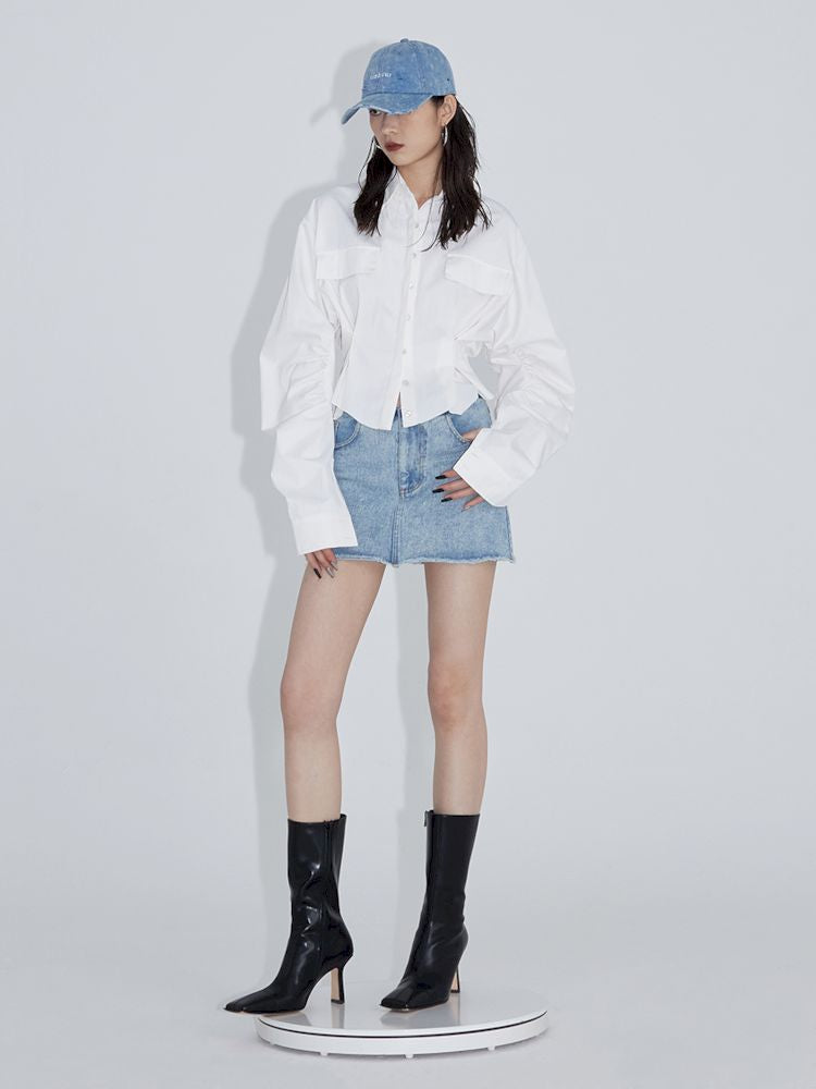 Pinch pleated broken holes Raw edge denim skirt