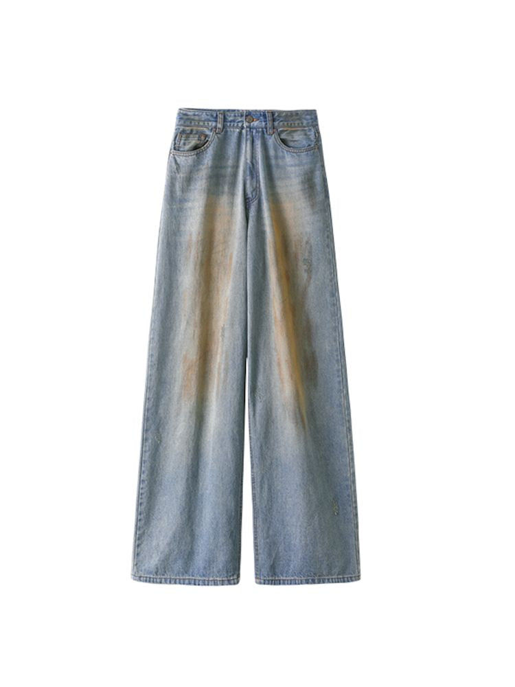 Light blue washed yellow clay-dyed wide-leg jeans