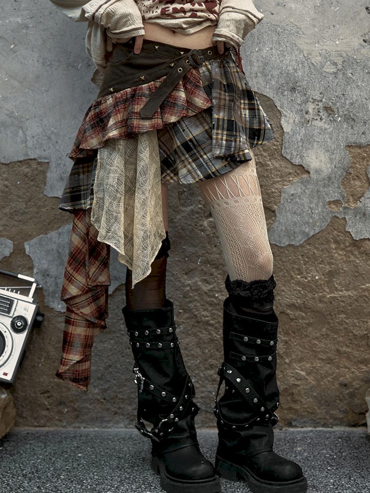 Spliced Plaid Irregular Half-body Skirt