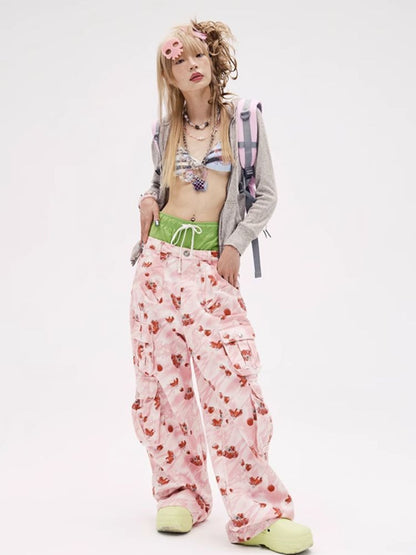 Strawberry Print Jeans Wide Leg