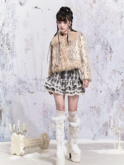 Beige Stripe Patchwork Fox Fur Coat