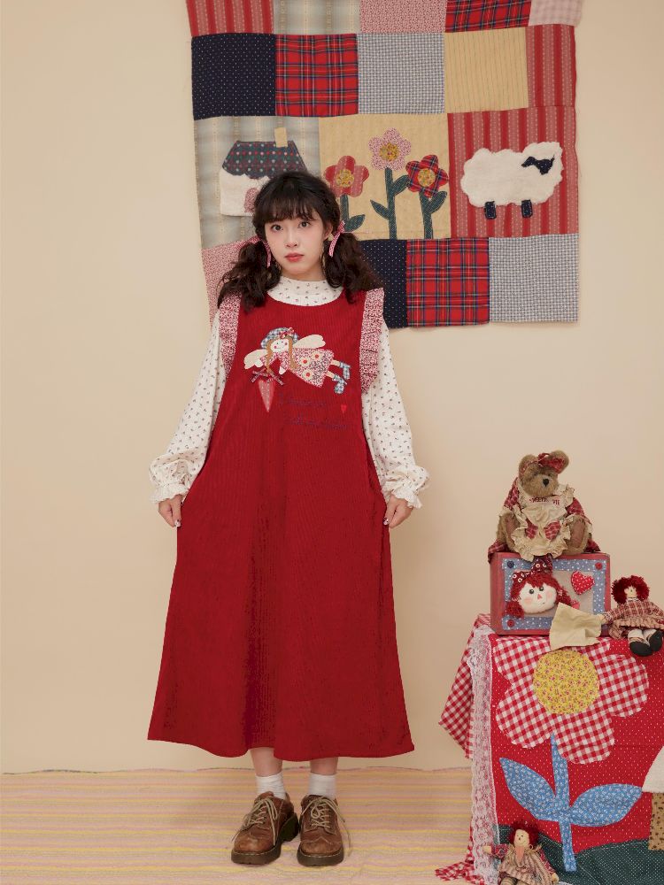 Lace Corduroy Red Vest Dress