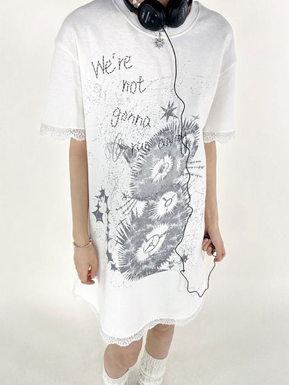 Lace Splicing Printed T-Shirt Dress