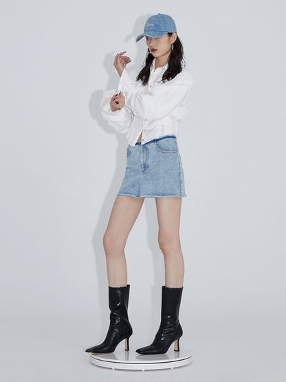 Pinch Pleated Curved Sleeve Short Shirt