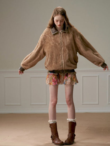 Lace Tie Brown Washed Scrub Color Fur Coat