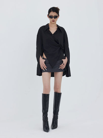 Asymmetric Hem Pleated Loose Pointed Collar Shirt