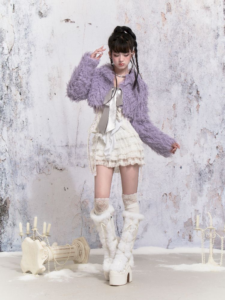 Purple Fox Fur Bow Shoulder Jacket