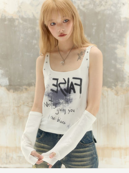 Imp Graffiti Printed Backless Hooded Neck Cami T-Shirt