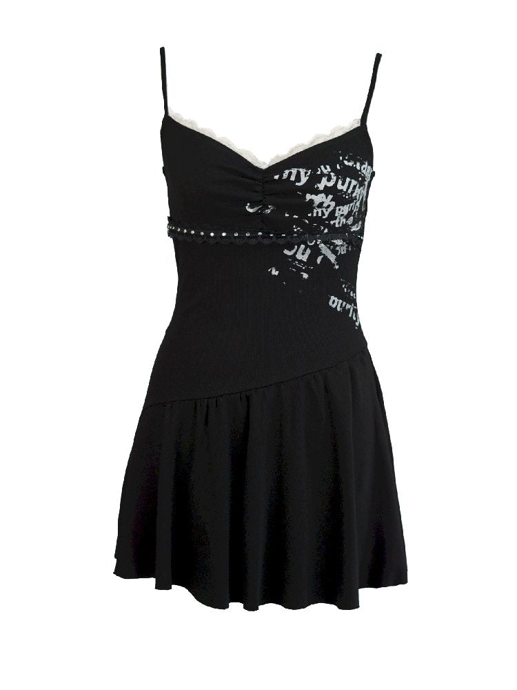 Black Printed Lace Halter Dress