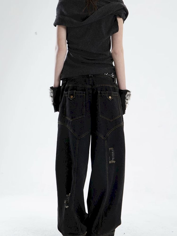 Large ripped wide-leg straight-leg silhouette jeans