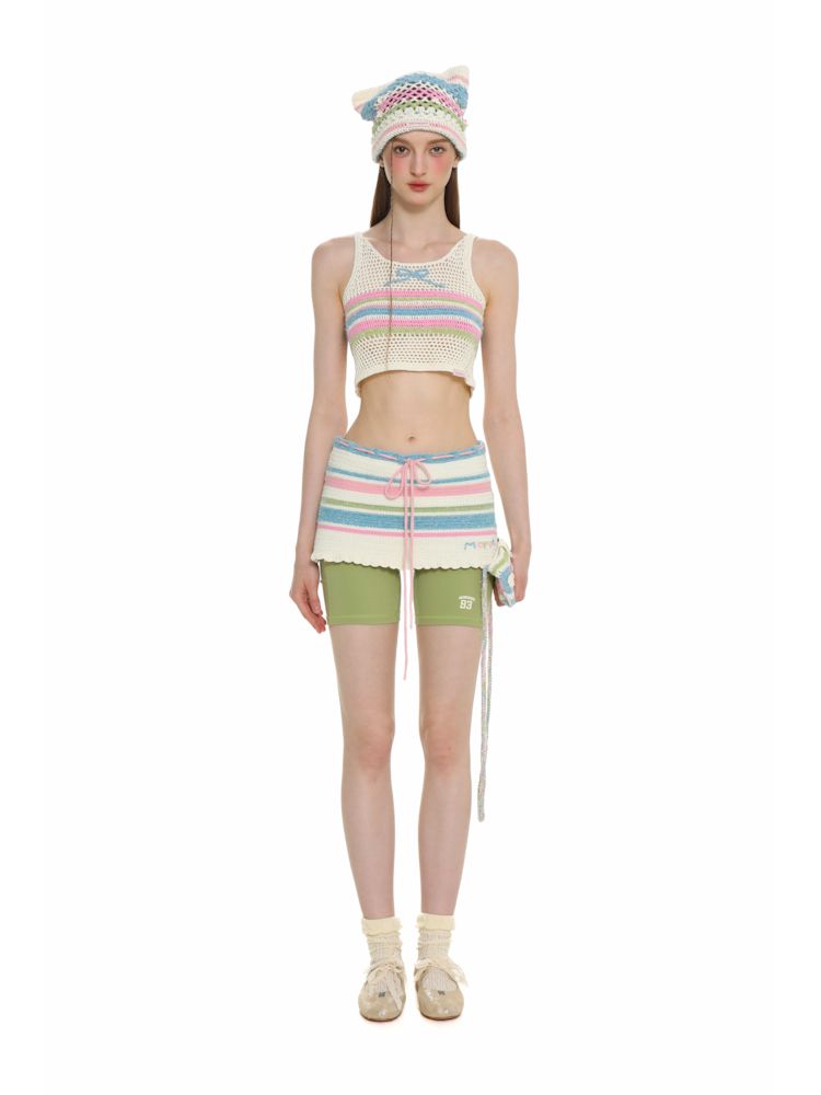 Cutout collision color striped bow tank top