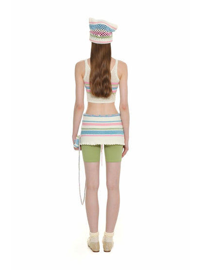 Cutout collision color striped bow tank top