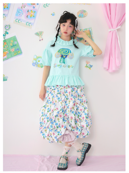 Bubble Sleeve Short Colourful Printed T-Shirt