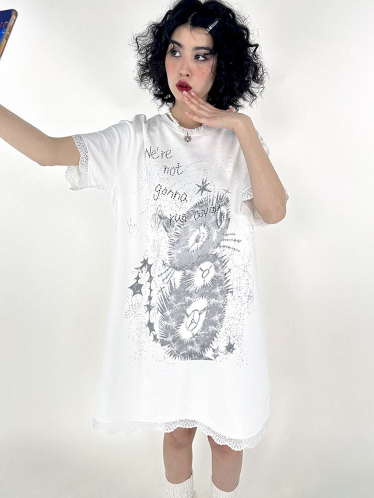 Lace Splicing Printed T-Shirt Dress