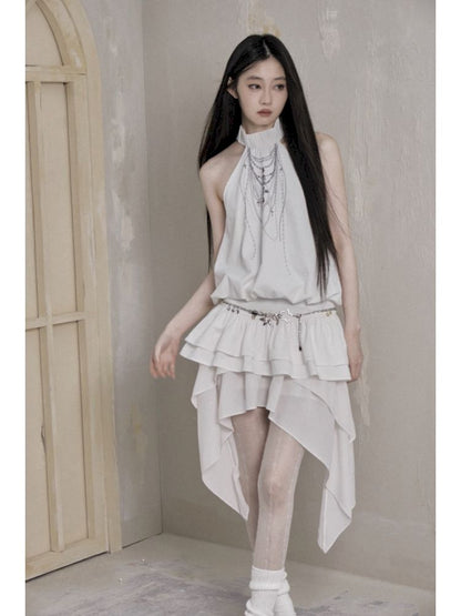 Irregular mesh splicing a-line high waist bustier skirt