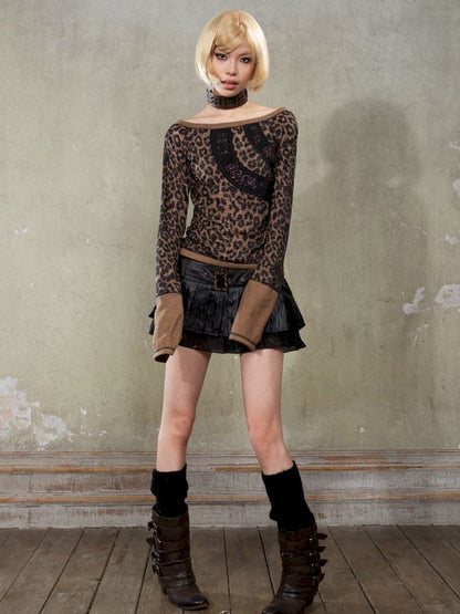 Leopard print one-shoulder shirt